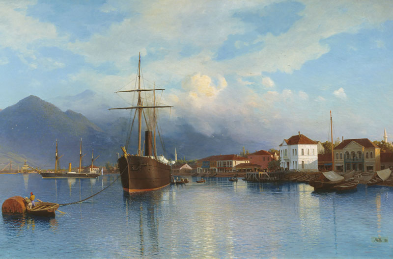 A historic painting of the port of Batumi on the Black Sea coastline with the Adjara mountains entering the sea, seen on the Viticulture and Highlands West tour organized by John Graham Tours.