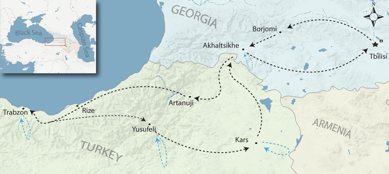 Map of Viticulture and Highlands cultural tour route and layover towns. Tbilisi, Borjomi, Trabzon, Artanuji, Artvin, Yusifeli, Kars, Ani, Akhaltsikhe, Vardzia.