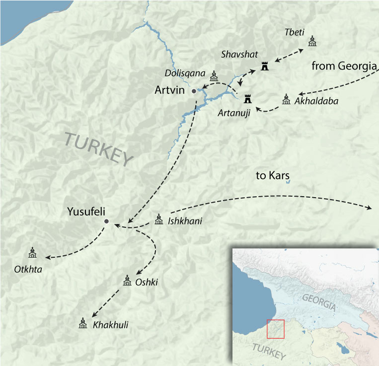 Map of cathedrals of Tao sites to visit in the Yusifeli area of northeast Turkey