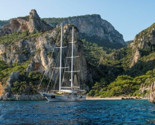 traditional gulet sailing ship along the Carian coast of Turkiye. Castles of Caria archeological tour for John Graham Tours