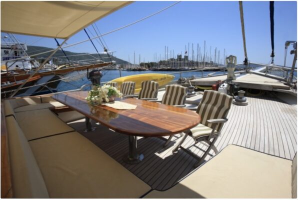 John Graham Tours Castles of Caria cruising tour. Image of a table and chairs aboard the gulet charter boat.