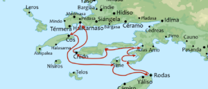 Map of the tour route along the Turkish Carian coastline, and the Greek islands of Kos, Symi, and Rhodes.