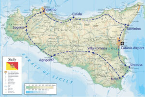 Map of Wonders of Sicily tour route, 2026, John Graham Tours