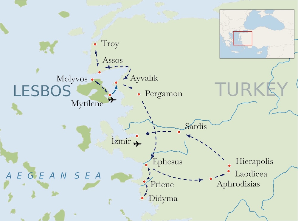 Map of tour route for Classical Journeys: Lesbos Troy & Ephesus