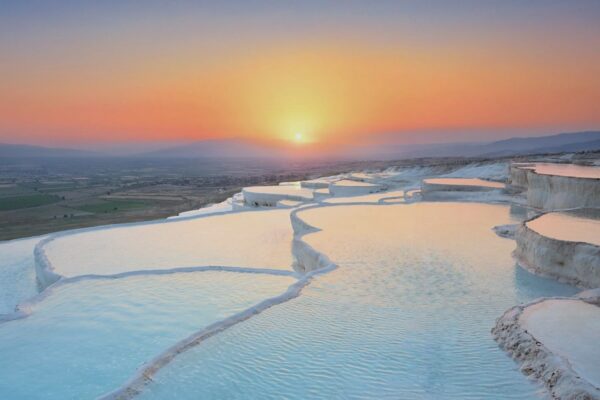 Pamukkale terraces at sunset